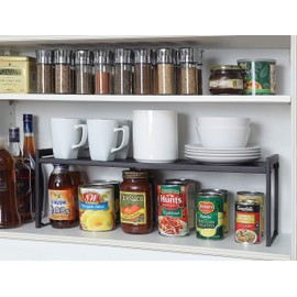 SunnyPoint Expandable Cabinet Storage Rack - Tabletop Storage Spice Shelf Organizer Rack (M - 15.1"~25.78" W X 7.87" D X 8.46" H, BLACK)