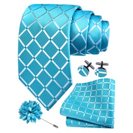 GUSLESON Mens Turquoise Blue Tie and Lapel Pin Silk Plaid Checkered Necktie Hankerchief Cufflinks Set for Wedding (6104-38)