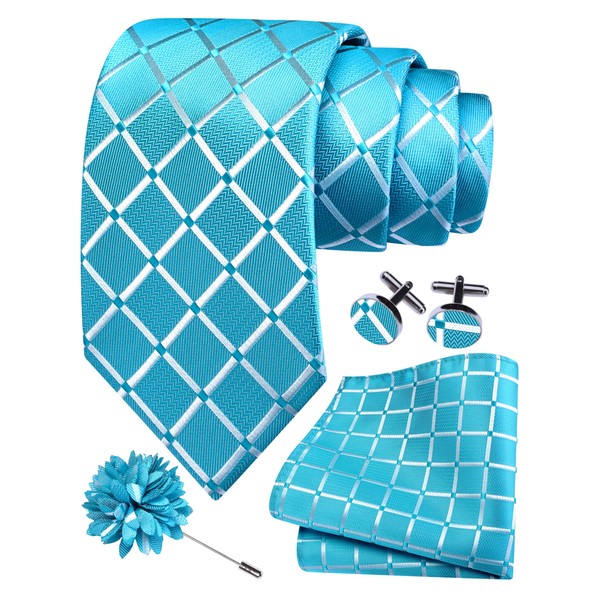 GUSLESON Mens Turquoise Blue Tie and Lapel Pin Silk Plaid