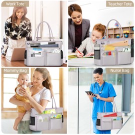 RAINSMORE Laptop Tote Bags for Women 15.6 inch Teacher Bag Large Nurse Utility Bag Computer Messenger Briefcase with Insulated Pocket for Work School Office Business University Grey Pink