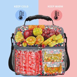 FlowFly Double Layer Cooler Insulated Lunch Bag Adult Lunch Box Large Tote Bag for Men, Women, With Adjustable Strap,Front Pocket and Dual Large Mesh Side Pockets,Floral