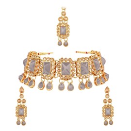 Efulgenz Conjunto de gargantilla india de cristal Kundan de Maang Tikka con cadena de cabeza de bollywood para boda dorado