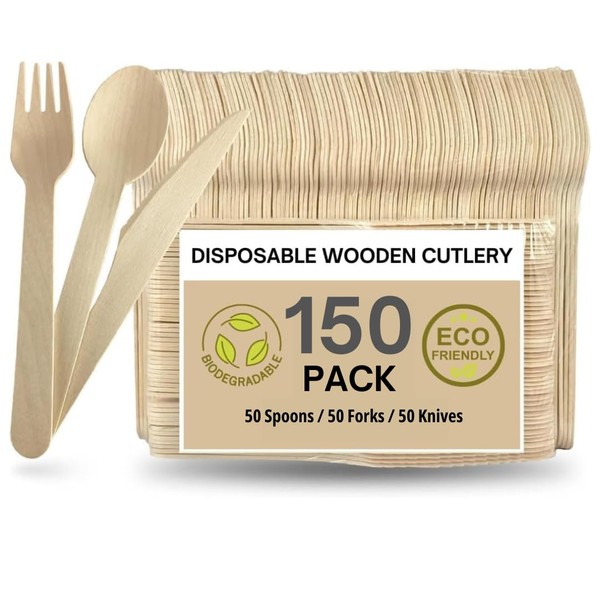 150pcs Disposable Wooden Cutlery Set | 50x Forks, 50x Spoons, 50x Knives | 16cm | Biodegradable Compostable & Eco Friendly | Ideal for Party, Picnic, Christmas, All Occasions