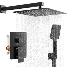 Shower System Modern Rain 12 inches Brass Faucet Set With Valve and Diverter Shower Mixer With Handheld High Pressure Square Rainfall Shower Rough-in Valve (12‘’ Wall Mount, Matte Black)