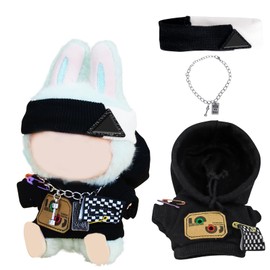 Cool Black Clothes Set for Doll, 3-Piece Stylish Outfit for Lab Doll Sitting Standing Collection, Including Sweater, Headband, Necklace (No Doll)