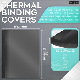 RAYSON Thermal Binding Covers, Letter Size Black Binding Presentation Cover, Mixed Spines Size 1/16in, 1/8in, 3/16in, 1/4in, 1/2in Multi-Pack of 25