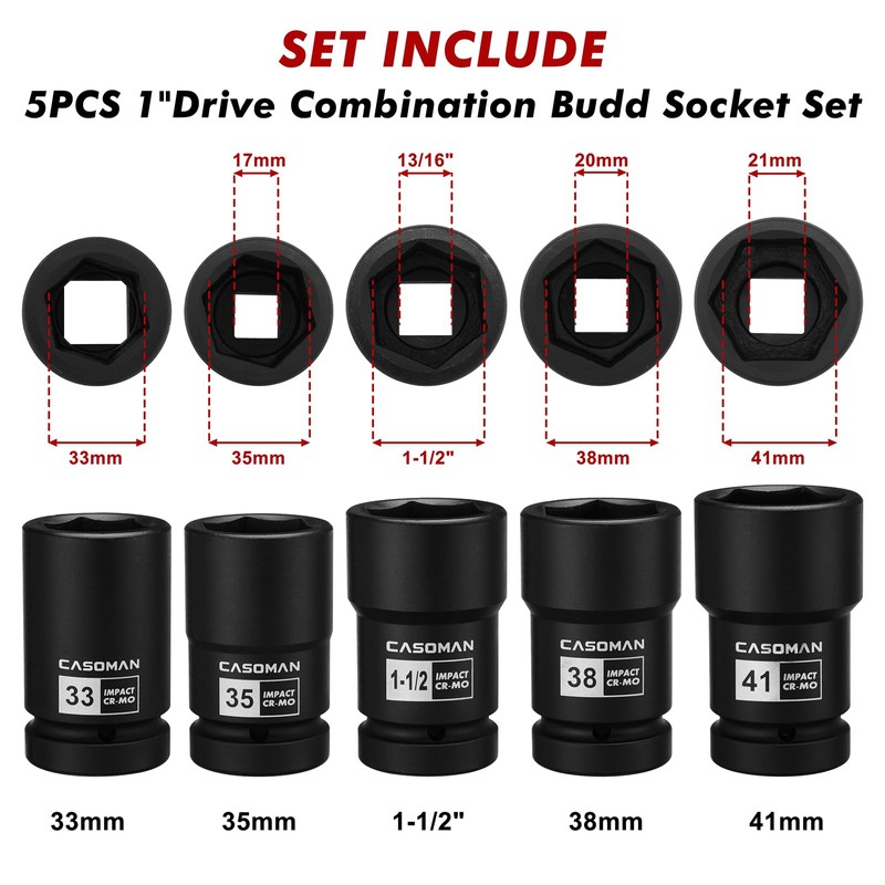 CASOMAN 1-Inch Drive Budd Socket Set, 33mm,35mm,38mm,1-1/2",41mm, Metric & SAE,