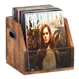 Homeiju Vinyl Record Storage, Record Box Case Crate, Vinyl Record Album Holder, Desktop Metal & Wooden LP Record Crate, Holds up to 60 Records（Patent No.D1024563