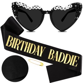 Hapdoo Birthday Baddie Sash and Sunglasses for Women, Black “BIRTHDAY BADDIE” Sash with Gold Foil for Girl, Happy Funny Birthday Decorations Baddie Accessories for Women Men Party Favors Supplies