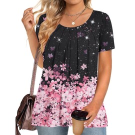 IN'VOLAND Plus Size Women's Tops Tunic Short Sleeve Crew Neck Shirts Casual Soft Blouse Pink Floral