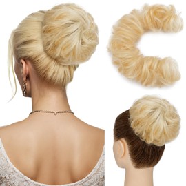 Hairro Messy Bun Hair Piece Remy Human Hairpiece DIY Wrap Around Bun Versatile Tousled Updo Scrunchy Curly Magical Long Hair Band Up-do Faux Chignons Ponytails For Women 32g #613 Light Blonde