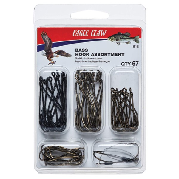 EAGLE CLAW BASS Hook Assortment, Fishing Hooks for Freshwater BASS, 67 Hooks, Sizes 1 to 3/0, brown