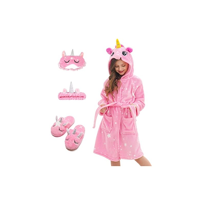 CHETOSHO Soft Unicorn Hooded Robe with Matching Slippers Headband and