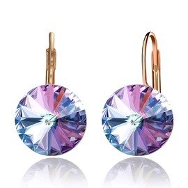 Round Austrian Crystal Drop Leverback Earrings for Women 14K Gold Plated Hypoallergenic Earrings (Vitrail Light)