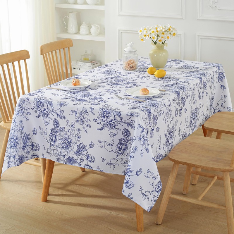 SASTYBALE Blue and White Tablecloth Rectangular, Floral Table Cloth 52"x70"