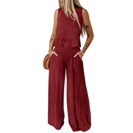 Dokotoo Summer Sets Women 2 Piece Outfits Sleeveless Round Neck Tank Tops Matching Sets Pleated Elastic Waist Date Outfits Red Large