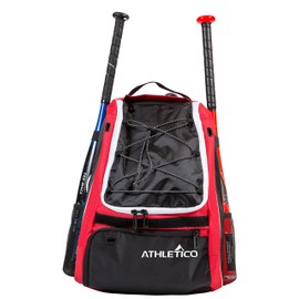Athletico Baseball Bat Bag - Backpack for Baseball, T-Ball & Softball Equipment & Gear for Kids, Youth, and Adults | Holds Bat, Helmet, Glove, & Shoes | Separate Shoe Compartment, & Fence Hook (Red)