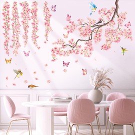 DECOWALL SG3-2320 Cherry Blossom Flower Wall Stickers Pink Hanging Floral Tree Branch Birds Decals Living Room Bedroom Office Home Decor