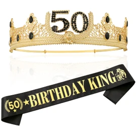 TITIKADI Corona dorada y faja para rey de 50 cumpleaños, decoración de fiesta de cumpleaños de metal para hombres