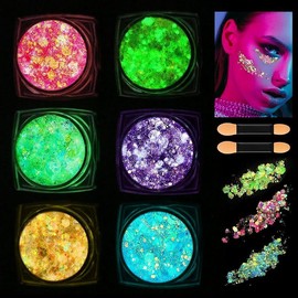 Glow in the Dark 12 Colors Glitter UV Gel Eyeshadow for Body, Face, and Hair - Perfect for Raves Festivals and Carnival Parties Brightening Evening Makeup Gentle Long Lasting Shimmer - Color: 6 Colors