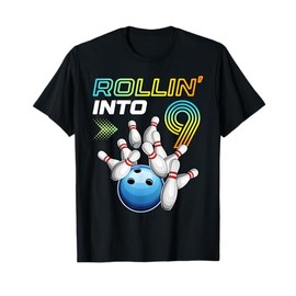 Rollin Into 9 Retro Bowling Birthday Party 9th Birthday T-Shirt