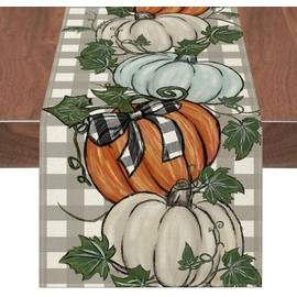 Fall Table Runner Buffalo Plaid Orange Pumpkins Table Runner 13x72 Inch White Blue Table Runner 72 Inches Long Farmhouse Autumn Thanksgiving Kitchen Dining Table Decoration for Home Party Decor