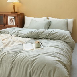 FOSSA Duvet Cover Set 100% Washed Cotton Linen Feel Super Soft Breathable Cozy Simple Style 3 Pieces Bedding Sets Solid Sage Green Queen