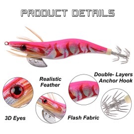 Squid Jig Sea Fishing Lures Kit, 10pcs Saltwater Wood Shrimp Luminous Tail Squid Jig Hooks Squid Lures Glow Hard Bait Octopus Cuttlefish Fishing Tackle