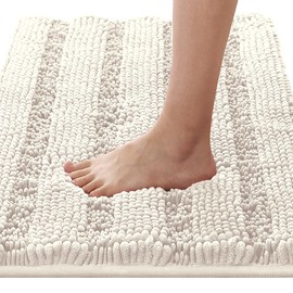H.VERSAILTEX H.VERSAILTEX Bath Rugs for Bathroom Non Slip Bath Mats Extra Thick Chenille Striped Rug 20" x 32" Absorbent Non Skid Fluffy Soft Shaggy Washable Dry Fast Plush Mat for Indoor, Bath Room, Tub - Ivory
