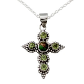 NOVICA Artisan Handmade Peridot Cross Necklace Artisan Crafted Sterling Silver Reconstituted Turquoise Green Pendant India Flash Greenery Birthstone [necklace Length 18 in L Necklace Width 2 mm W Pen]