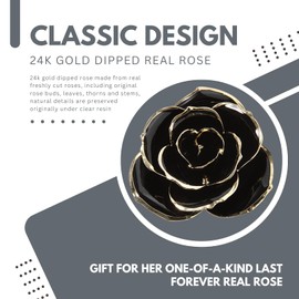 MUEAST 24K Gold Dipped Real Rose, Romantic Gift for Her Wife Mom Daughter Anniversary Valentines Day Christmas (Black with Love Stand)