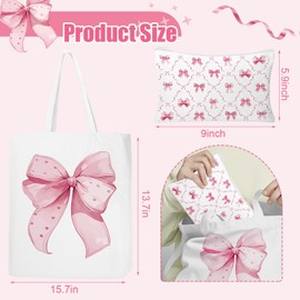 Nlicrst 2 Pcs Coquette Pink Bow Canvas Bag, Cute Aesthetic Canvas Tote, Reusable Grocery Folding Shopping Bag With Zipper Pouch Gifts for Women(pink bow)