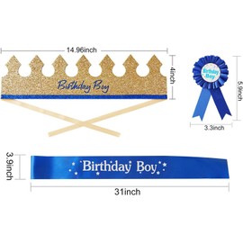 3Pcs Birthday Boy King Crown,Boys Sash and Button Pins Party Badge Set Birthday Banner for Boys Birthday Party, Birthday Boy sash blue
