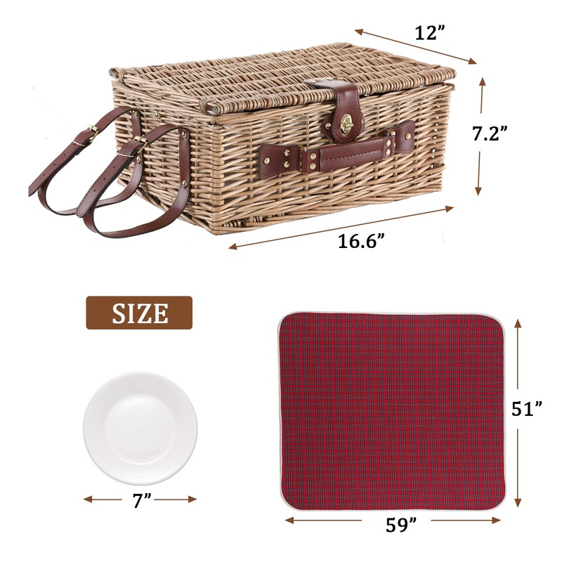 HYBDAMAI Wicker Picnic Basket for 4 with Waterproof Picnic Blanket