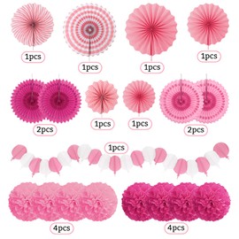 Recosis Party Decorations, Pink Papar Fans Pompoms Garlands for Women Girls Mothers Day Bachelorette Wedding Birthday Baby Showers Valentine's Day Party Decorations