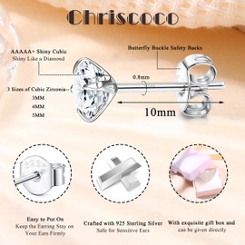 Chriscoco Earrings Silver Women's Men's Stud Earrings 925 Silver Hypoallergenic Earrings 925 Silver Stud Cubic Zirconia Small Earrings Set - with Jewellery Box, Sterling Silver, No Gemstone