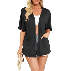 Wiwclo Womens Black Short Sleeve Kimono Cardigans 2024 Lightweight Summer Cardigan Casual Loose Fit Beach Cover Up Curved Hem with Pockets,Black,L