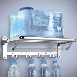 HOONEX Foldable Towel Rack for Bathroom Wall Mounted, 24 Inch Towel Shelf with Towel Hooks and Adjustable Towel Bar, 304 Stainless Towel Holder, Polished Silver