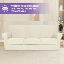 ZNSAYOTX 2025 Striped Sofa Covers 4 Piece, Super Stretch Couch Covers for 3 Cushion Sofa, Anti Slip Couch Slipcovers with Bottom Ties, Thick Durable Washable, Soft Cozy Protector (71"-91", Beige)