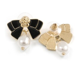 Black Enamel Bow White Faux Pearl Stud Earrings in Gold Tone - 20mm Across