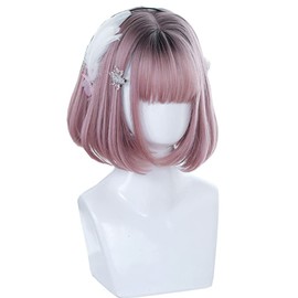 Short Bob Wig, Full Wig, Stylish, Cute, One Curl Wig, Popular, Small Facial Effect, Feminine Bob, Women's Fiber Natural Wig (Brown & Pink)