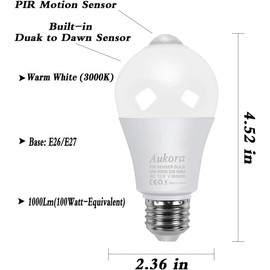 Motion Sensor Light Bulbs, Aukora 12W (100-Watt Equivalent) E26 Motion Activated Dusk to Dawn Security Light Bulb Outdoor/Indoor for Front Door Porch Garage Basement Hallway Closet(Warm White 2 Pack)