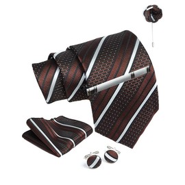 AXLON Brown Striped Ties For Men – Tie Set With Pocket Square Cufflinks Tie Clip Bar & Flower Brooch Pin For Mens (Pack of 5) (AXTS64)