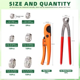 Keadic 52Pcs Ear Hose Clamp Crimping Tool and PEX Pipe Cutter for 1/8 inch-1 1/4 inch Tube with [6mm to 18.5mm] 304 Stainless Steel Clamps, PEX Cinch Fastening Tool for Automotive Marine Motorcycl