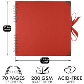Bstorify 25.4 x 25.4 Cm Scrapbook Album 70 Pages Red Thick Kraft Paper Corner Protectors, Ribbon Closure - Ideal for Your Scrapbooking, Art & Craft Projects (Red, 25.4 x 25.4 Cm)
