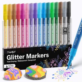 [JusArt] 32/24/16 Colors Glitter Markers Pen, Glitter Paint Pens, 0.7mm Fine Point Tip Metallic Shimmer Marker, Water-based Ink for Kids Adults DIY Crafts Greeting Birthday Cards Present Doodle Drawing Supplies, pen, markers, acrylic markers:_16 Colors
