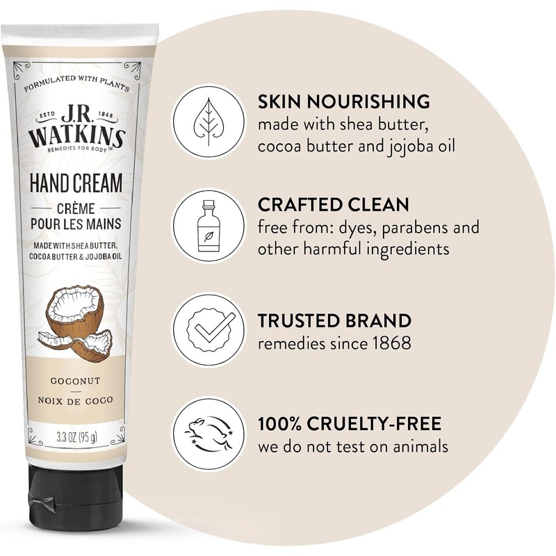 J.R. Watkins Hand Cream with Shea and Cocoa Butters, Coconut,