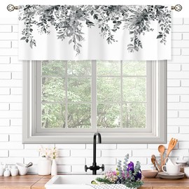 oolygoo Grey Eucalyptus Botanical Leaves Valances Kitchen Curtains Watercolor Flower Floral Window Drapes Plant Botanical Bedroom Bathroom Living Room Treatment Tier Fabric 1 Panel 52Wx18H Inch