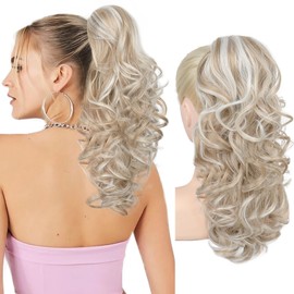 REECHO Ponytail Extension, 18 inch Drawstring Ponytail Hair Extensions Long Curly Wavy Clip in Pony Tail Synthetic Hairpiece for Women, Medium Blonde with Highlights