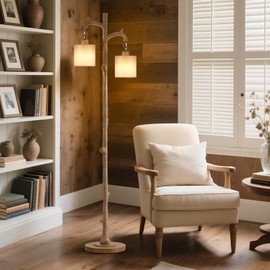 Floor Lamp for Living Room - 69" Rustic Farmhouse Tree Trunk Tall Lamp - Country Vintage Reading Light with Linen Shade Standing Lamps for Bedroom Office Home Decor (2 Reading Light, Brown, Bulbs)